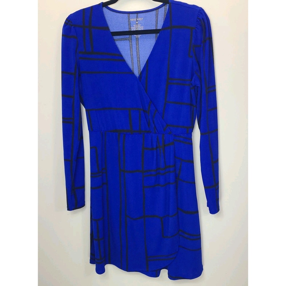 Nine West Blue Geometric Faux Wrap Dress Womens Knee Length Medium Long Sleeve - Picture 2 of 4